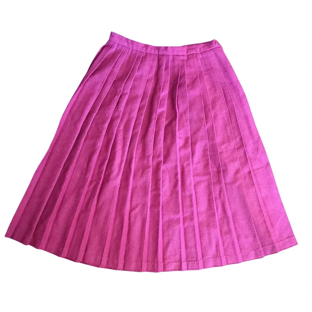 Vintage ILGWU Union Made Pleated Midi Skirt Berry Pink Wine Wool 12 Retro‎ ABTT